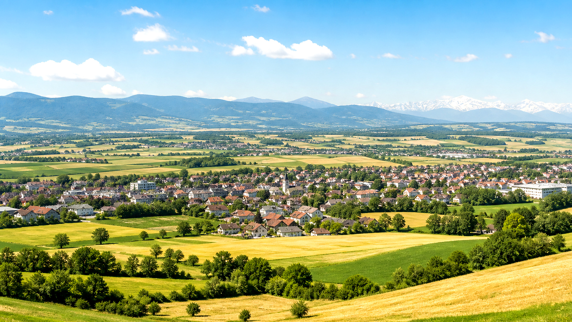 Weite Siedlungs- und Kulturlandschaft im Wiener Becken mit Gemeinde im Hintergrund